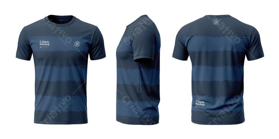 Mockup Camiseta Masculina Azul Marinho Frente Verso Lateral Editável