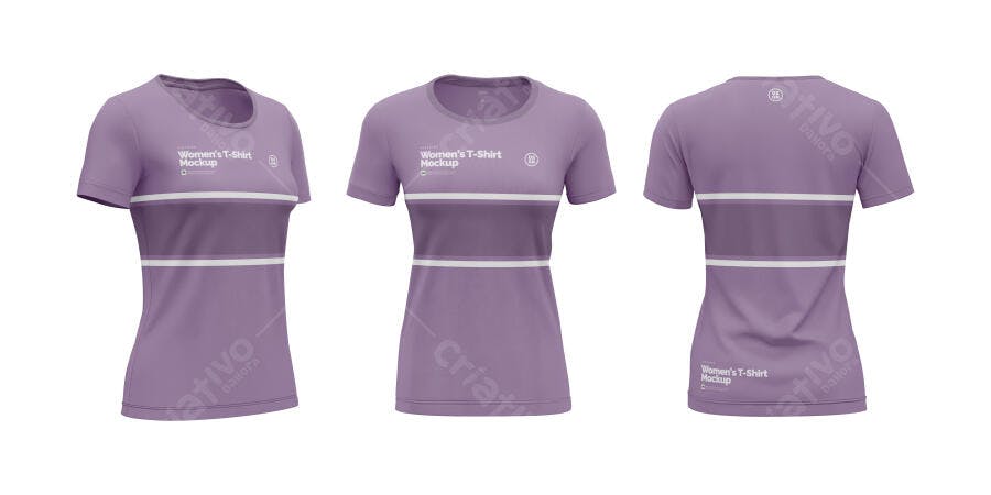 Mockup Camiseta Feminina Roxo Frente Verso 3/4 Editável