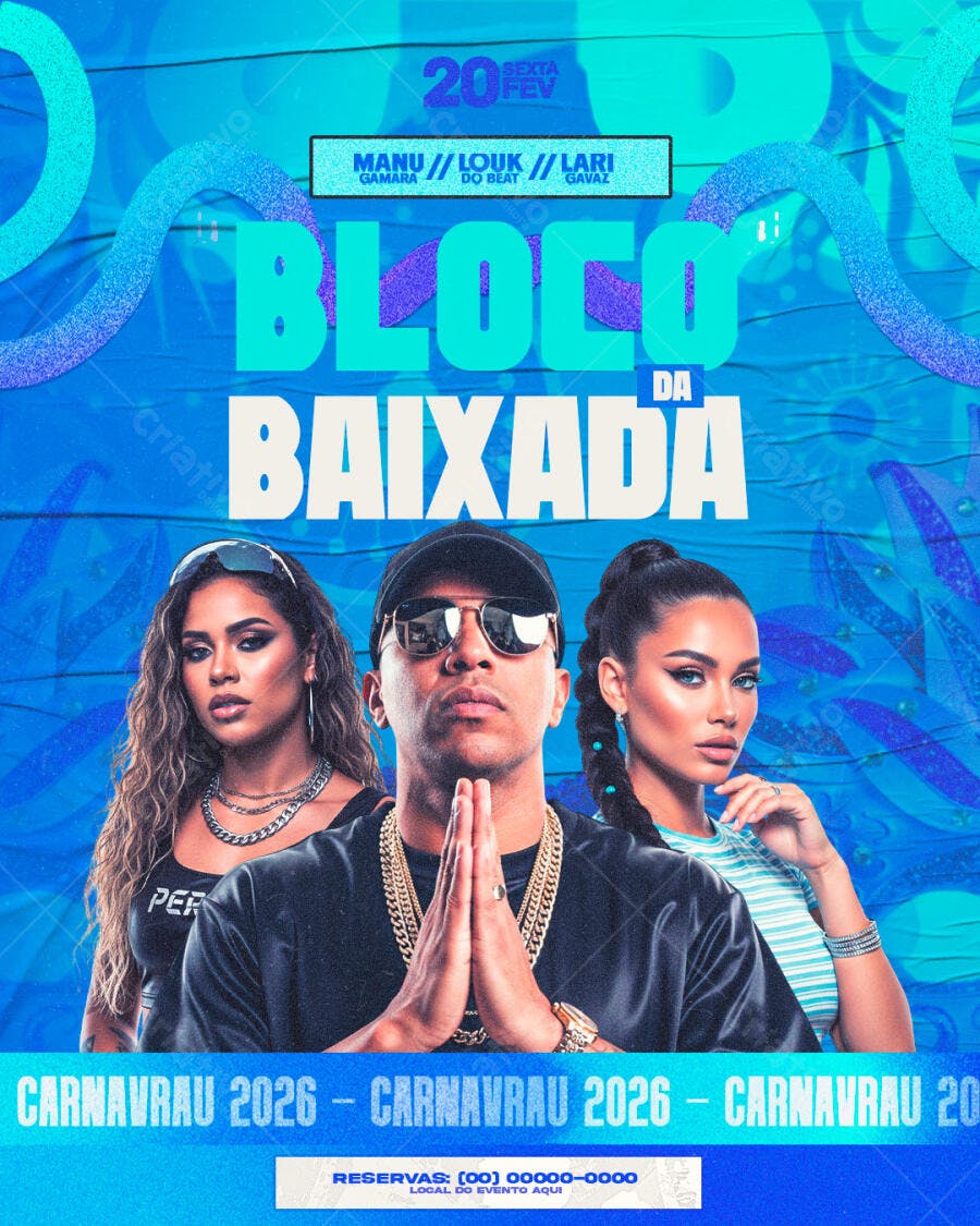 Flyer Carnaval Bloco da Baixada Fevereiro PSD Editável