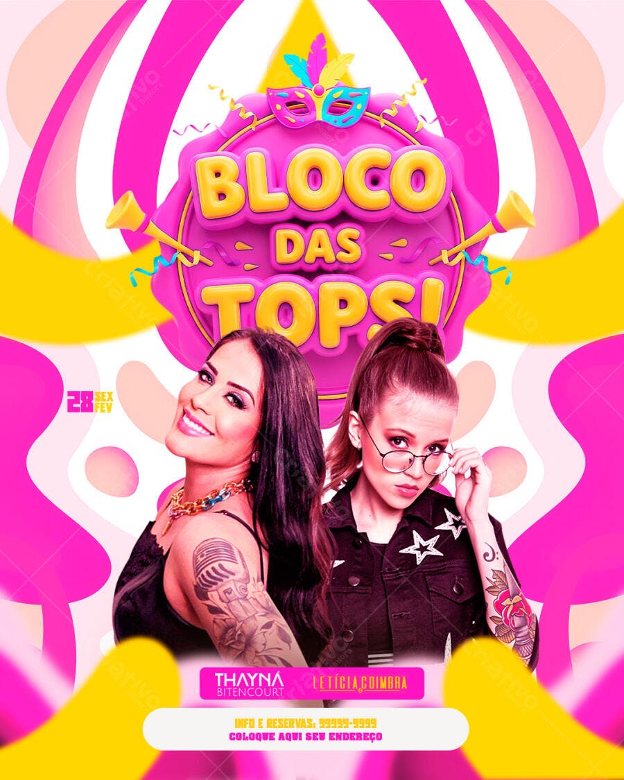 Flyer Carnaval Bloco das Tops Fevereiro PSD Editável