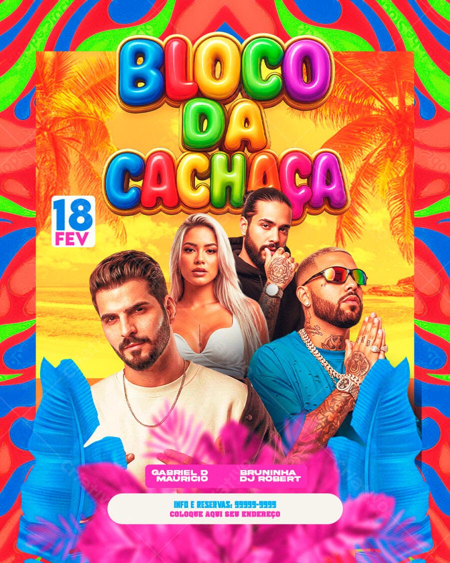 Flyer Bloco da Cachaça Carnaval Fevereiro PSD Editável