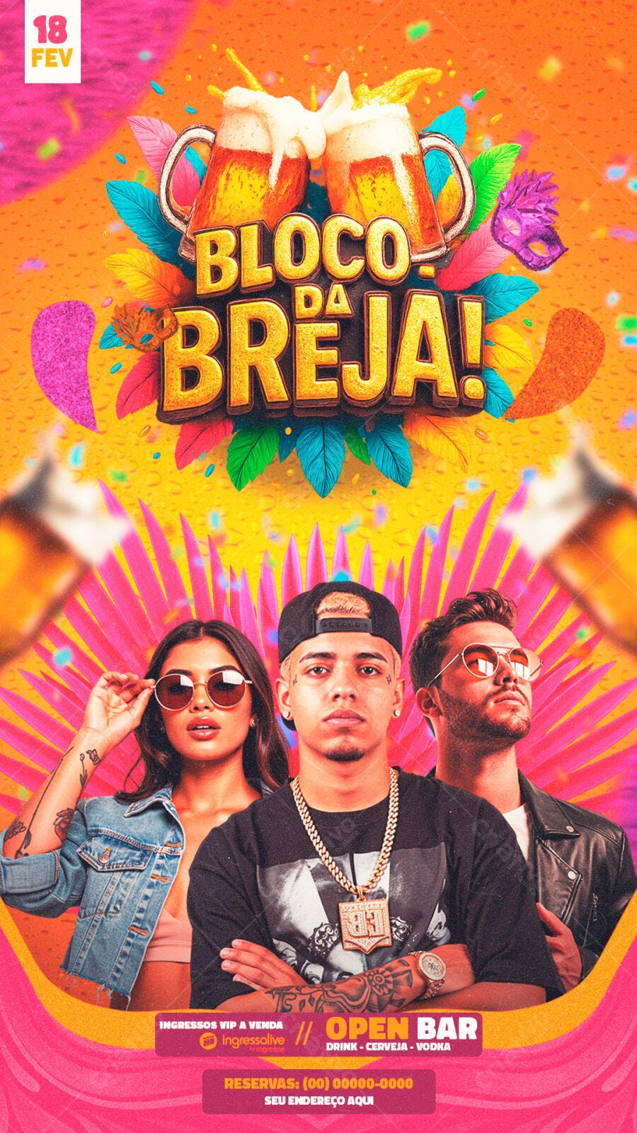 Flyer Bloco da Breja Carnaval Fevereiro PSD Editável