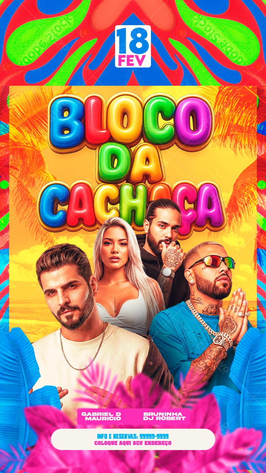 Flyer Carnaval Bloco da Cachaça Fevereiro PSD Editável
