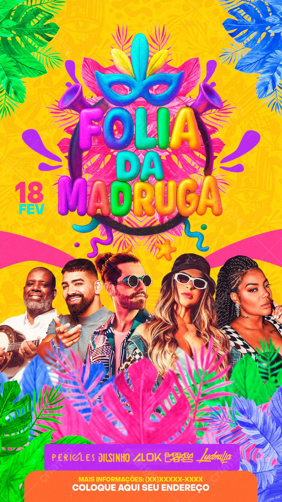 Flyer Carnaval Folia da Madruga Fevereiro PSD Editável