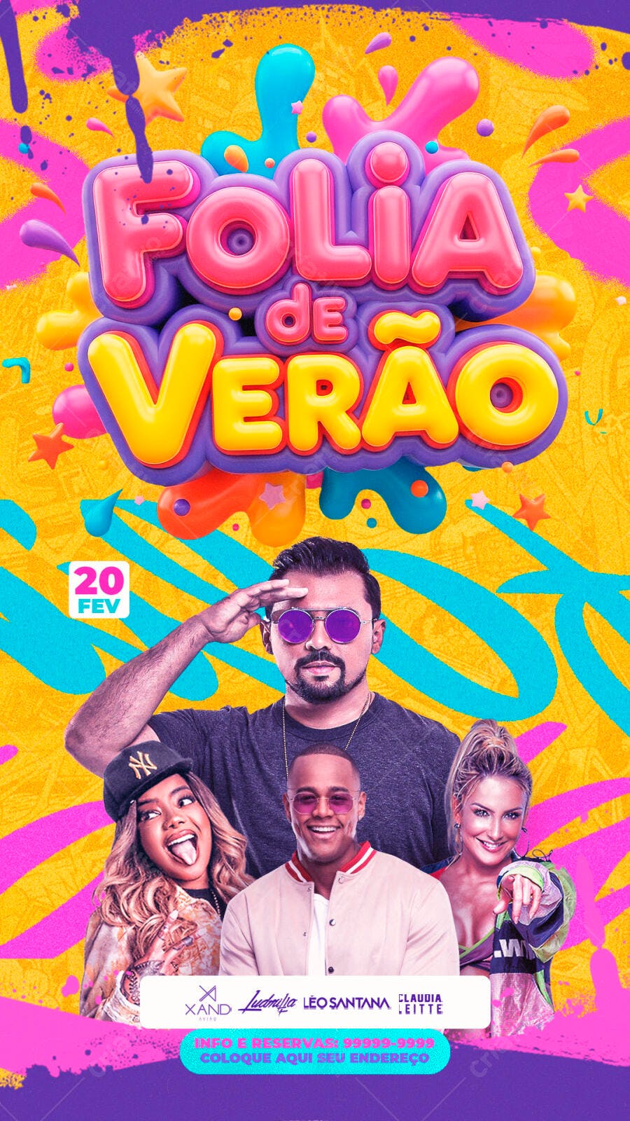 Flyer Folia de Verão Carnaval Fevereiro PSD Editável