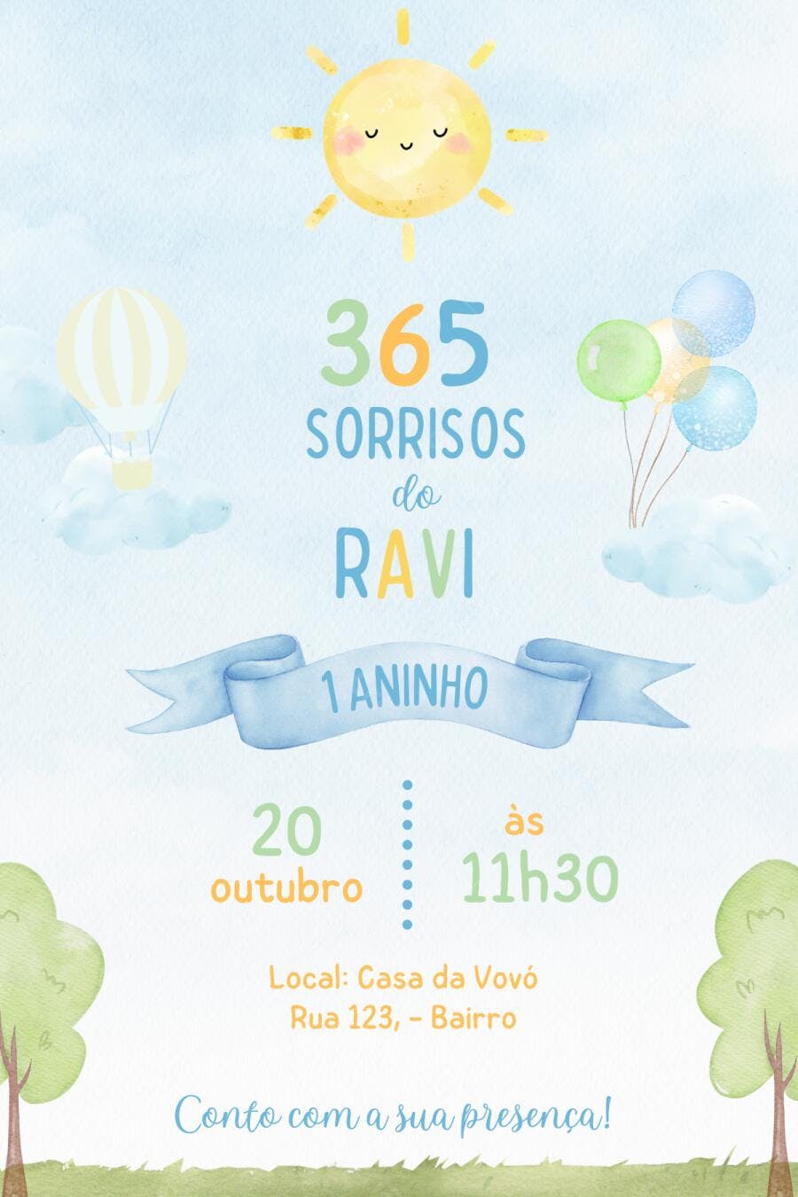 Convite Aniversário 1 Aninho Sol Balões Editável