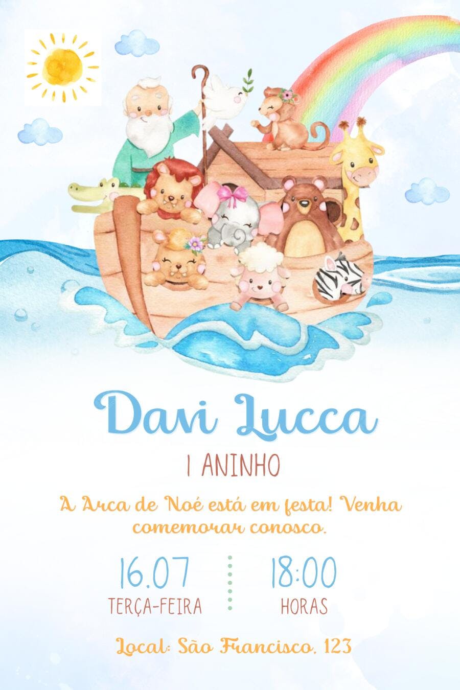 Convite Aniversário Arca de Noé 1 Aninho Editável