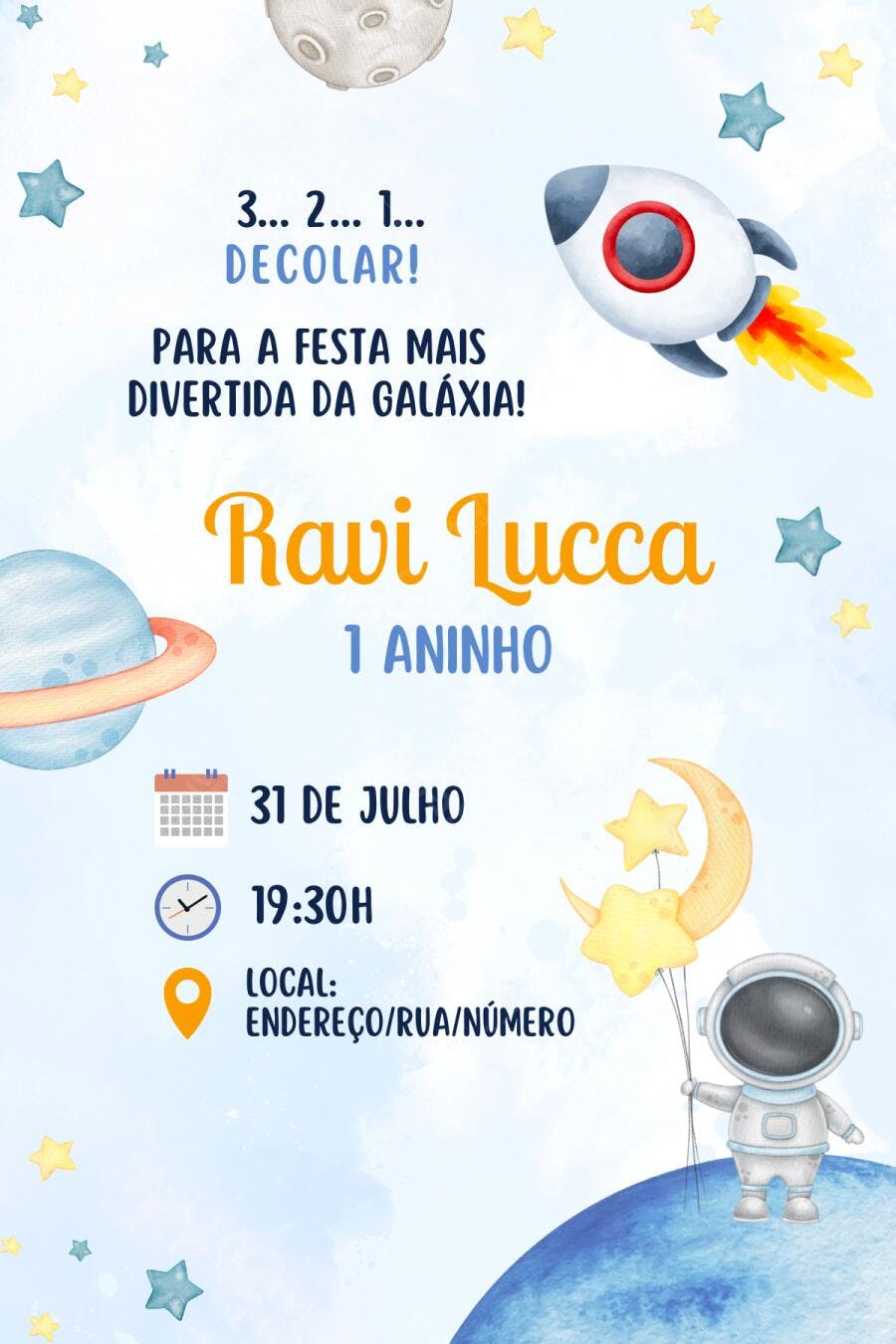 Convite Aniversário Astronauta Espaço 1 Aninho Editável