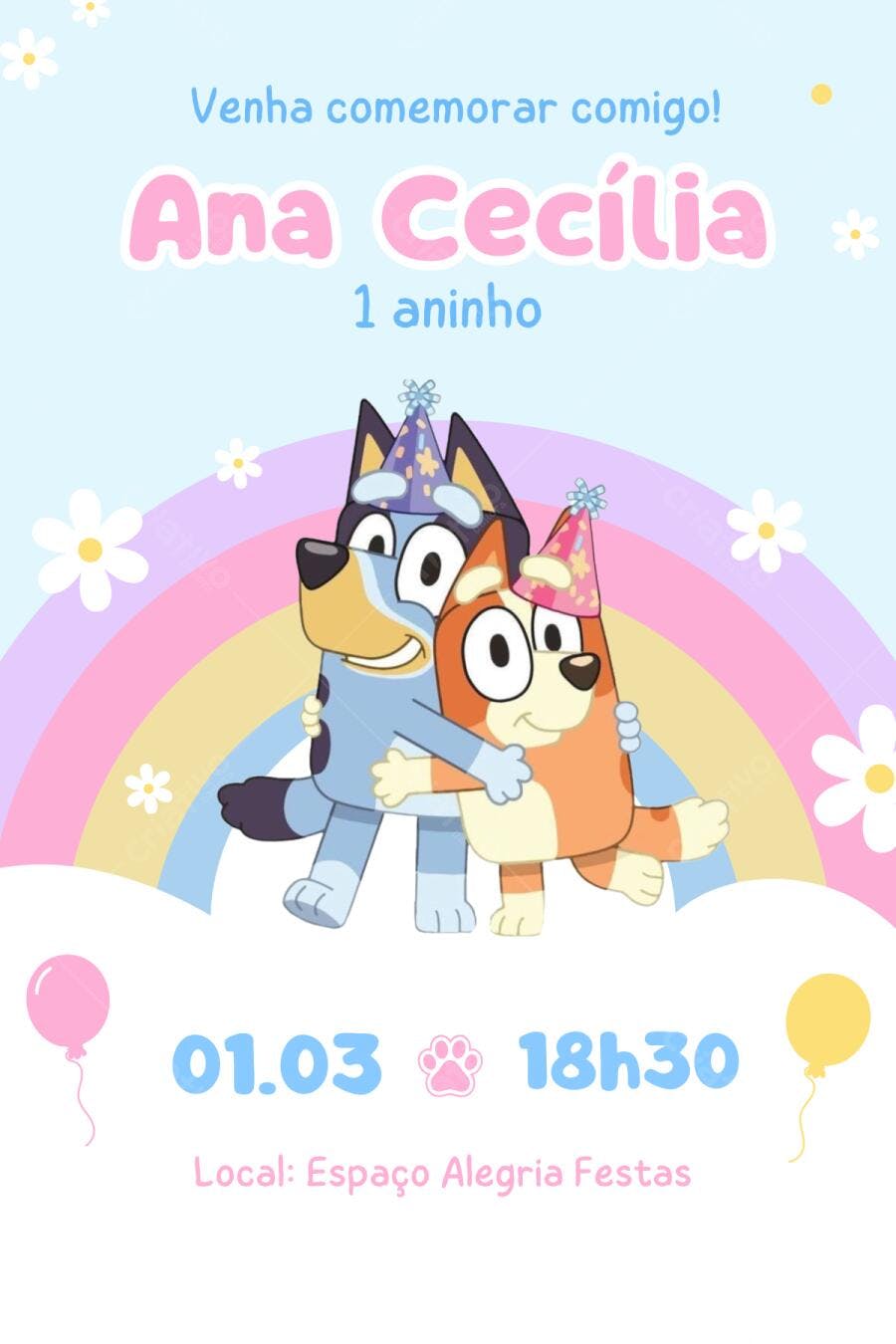 Template Canva Convite Aniversário Bluey Infantil Arco-Íris Editável