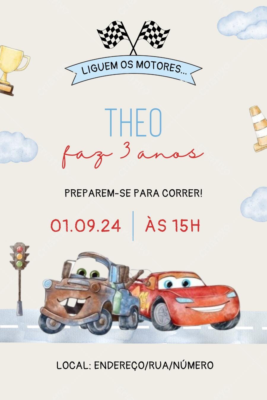 Template Canva Convite Aniversário Carros Aquarela Editável