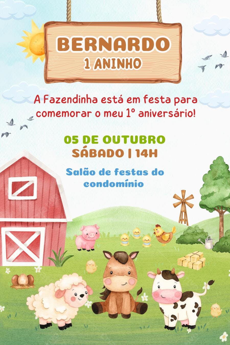 Template Canva Convite Aniversário Fazendinha Infantil Editável