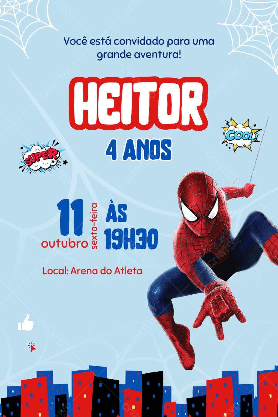 Convite Aniversário Homem-Aranha 4 Anos Editável Digital