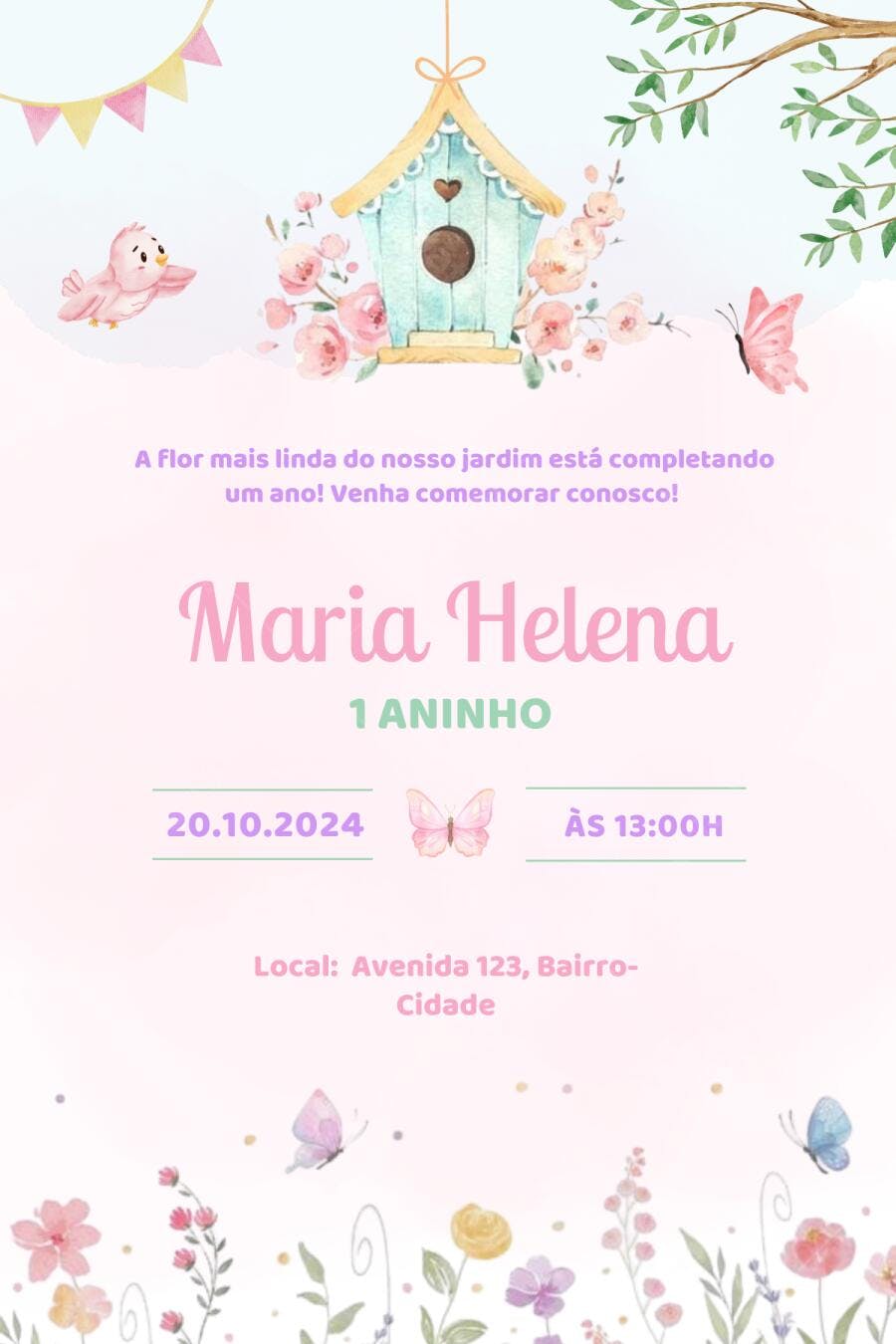 Convite Aniversário Jardim Encantado 1 Aninho Editável