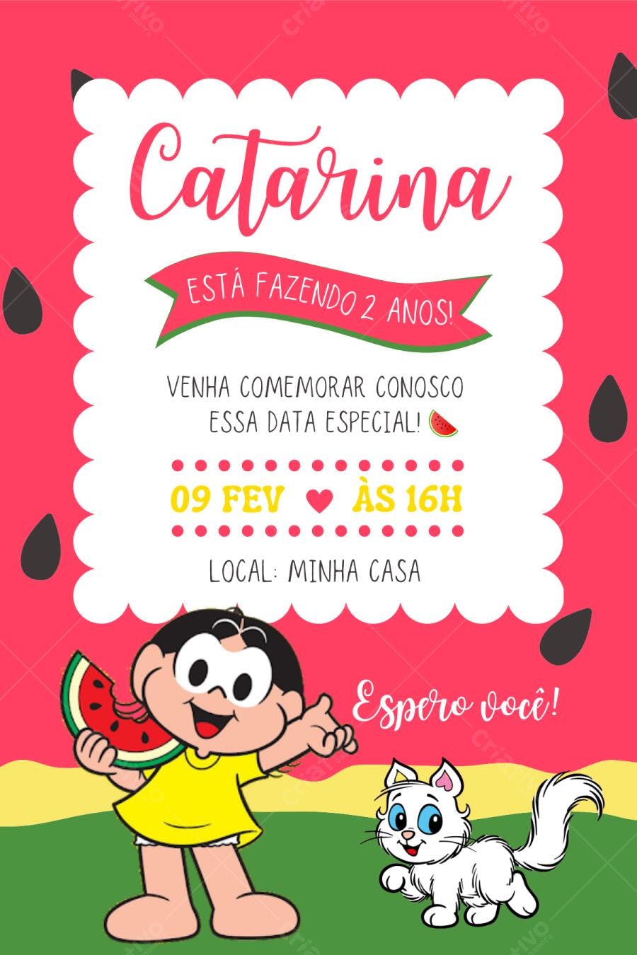Template Canva Convite Aniversário Magali Melancia Infantil Editável