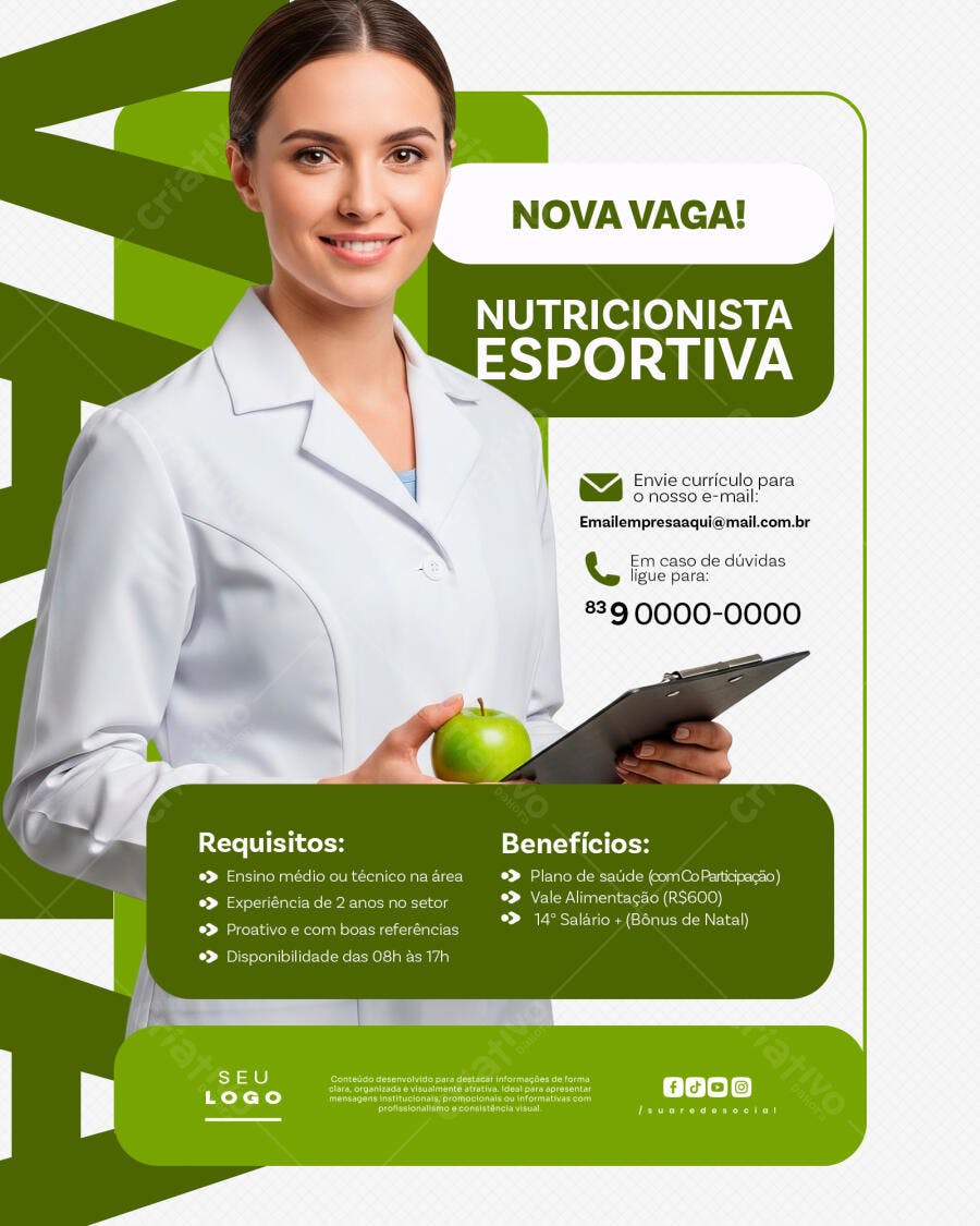 Flyer Vaga Nutricionista Esportiva Saúde PSD Editável