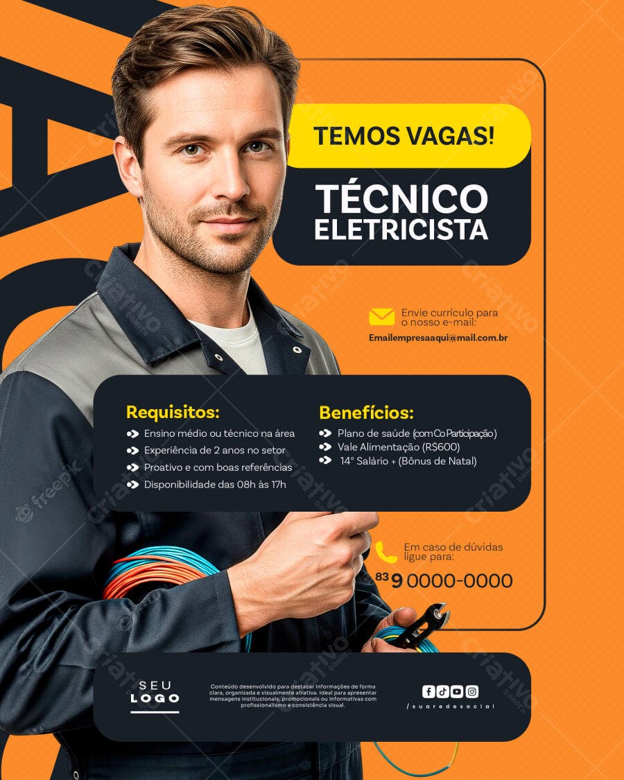 Flyer Vagas Emprego Eletricista PSD Editável
