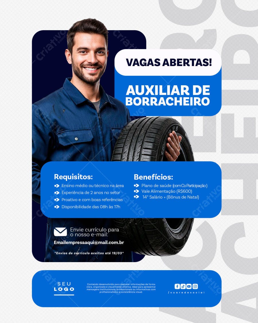 Flyer Vagas Abertas Borracharia Auxiliar PSD Editável