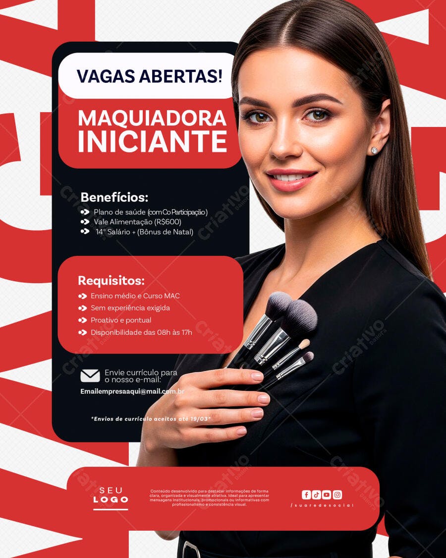 Flyer Vagas Abertas Maquiadora Iniciante Salão Beleza PSD Editável