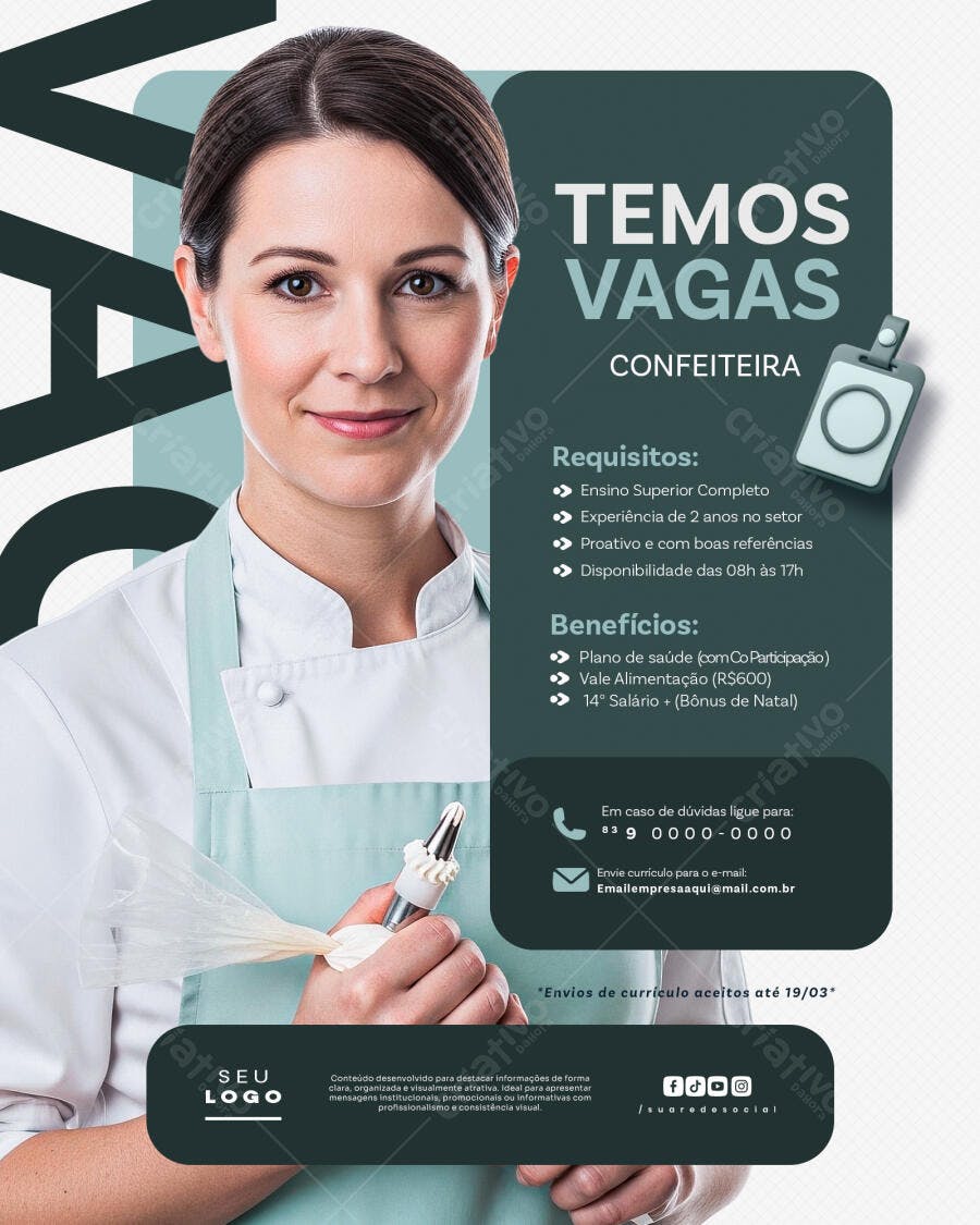Post Vagas Confeiteira Confeitaria PSD Editável
