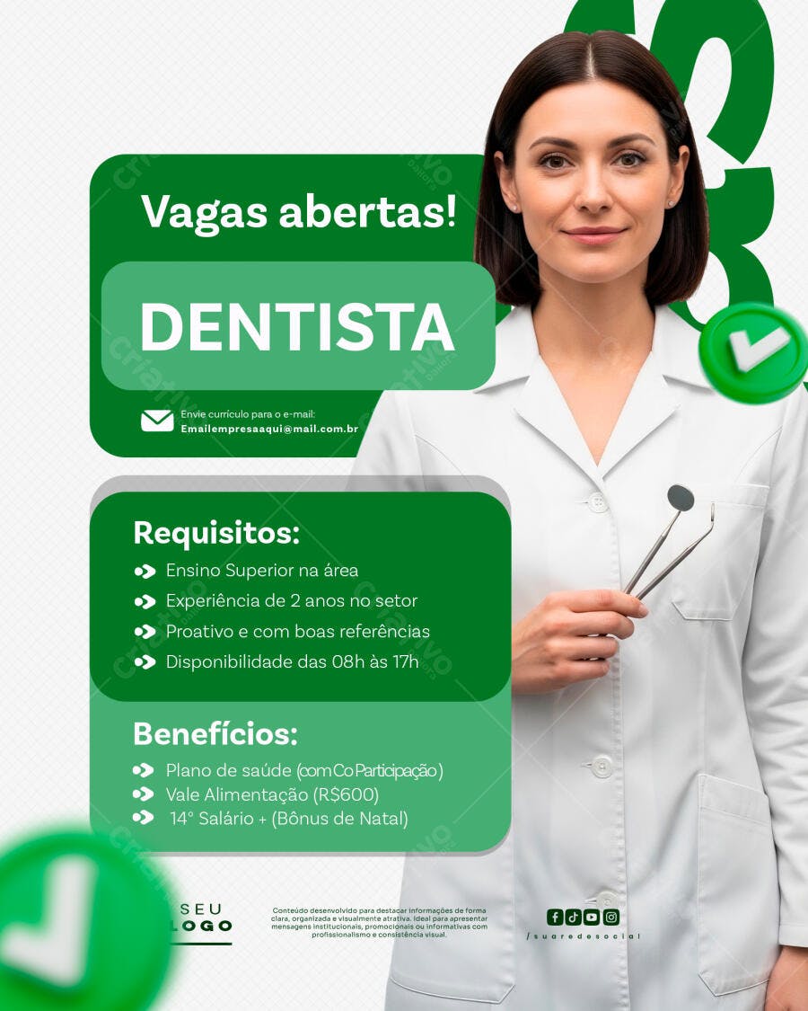 Flyer Vagas Abertas Dentista Clínica Odontológica PSD Editável
