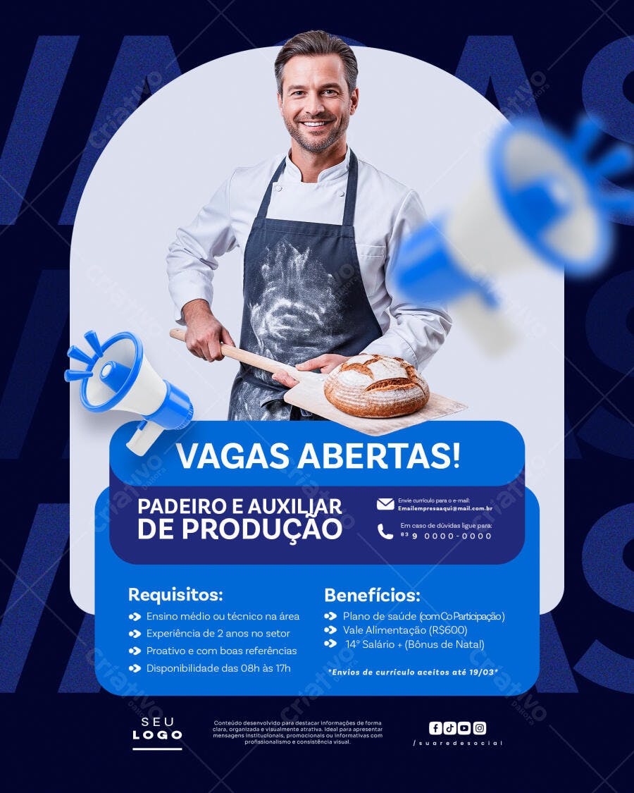 Flyer Vagas Abertas Padeiro Padaria PSD Editável