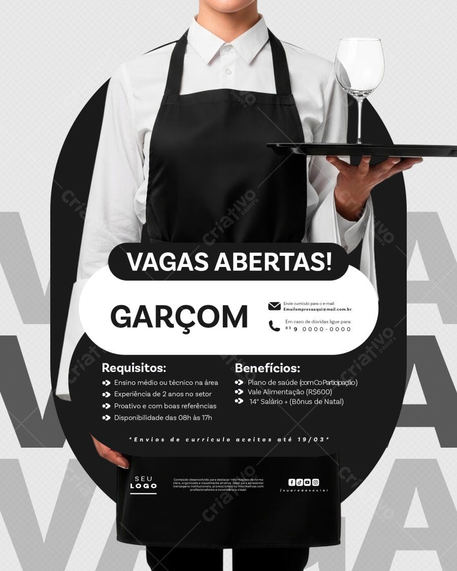 Flyer Vagas Abertas Garçom Restaurante PSD Editável