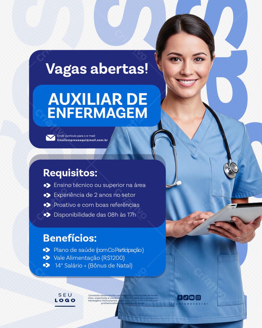 Post Instagram Vagas Auxiliar de Enfermagem PSD Editável