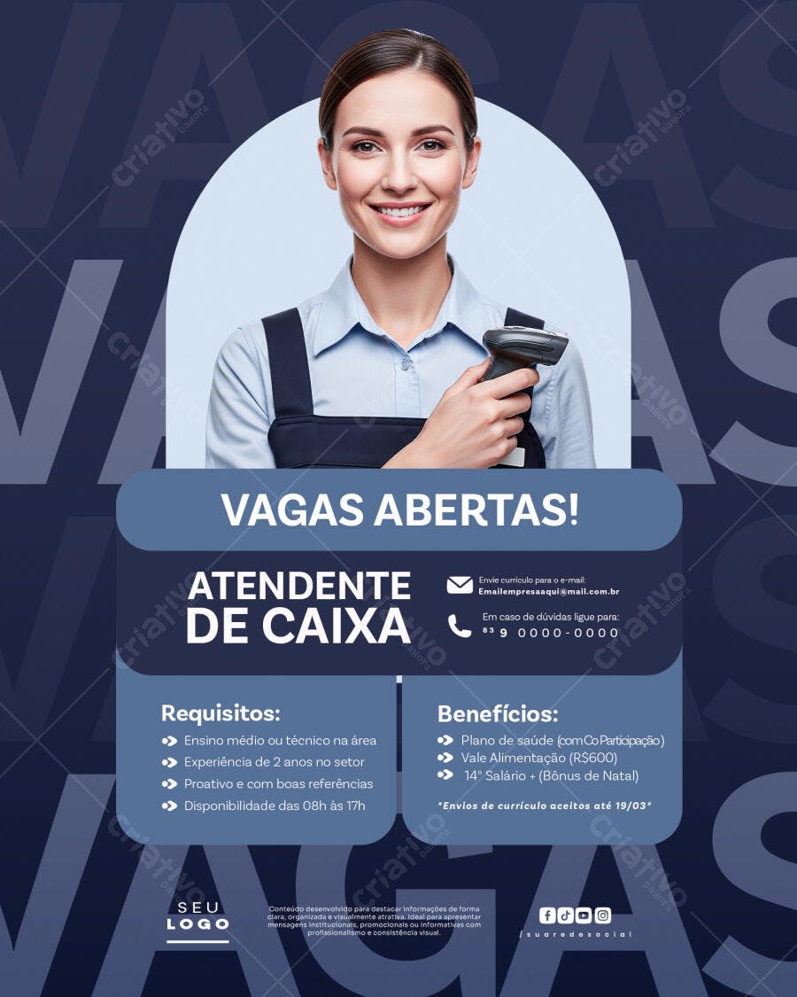 Flyer Vagas Abertas Atendente de Caixa PSD Editável