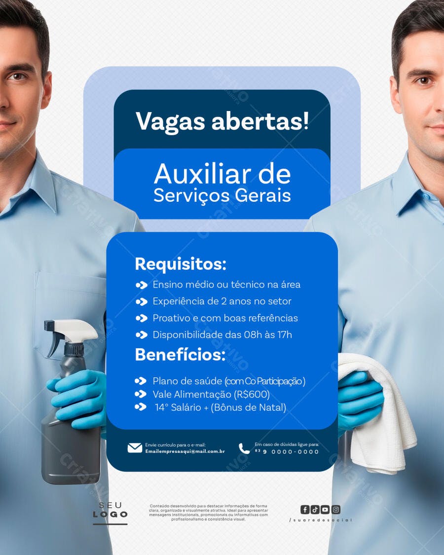 Post Vagas Abertas Auxiliar Serviços Gerais PSD Editável