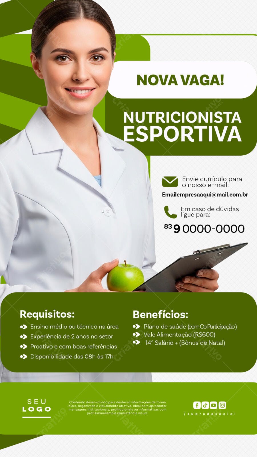 Post Instagram Nova Vaga Nutricionista Esportiva PSD Editável