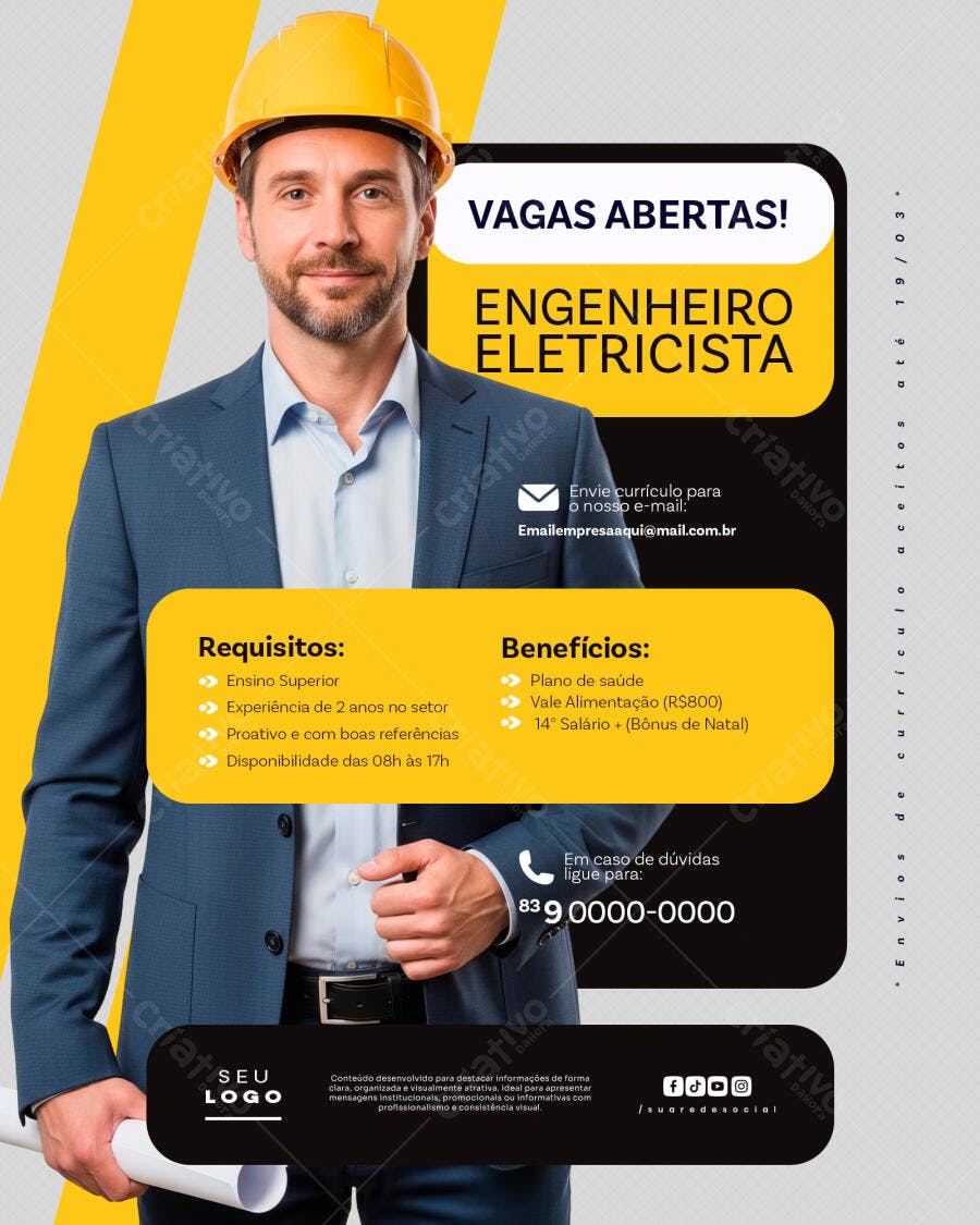 Post Vagas Abertas Engenheiro Eletricista PSD Editável