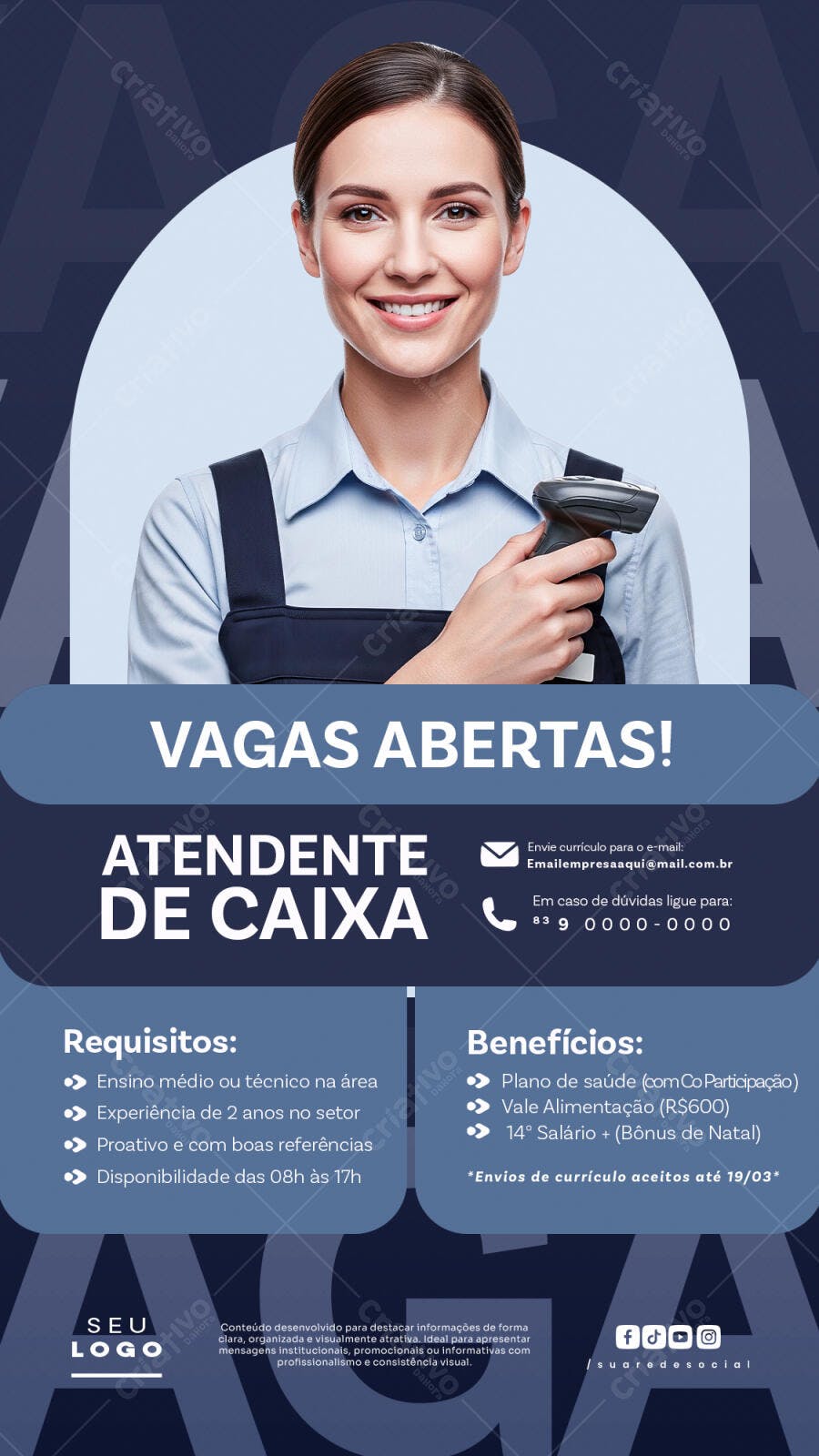Post Instagram Vagas Abertas Atendente de Caixa PSD Editável
