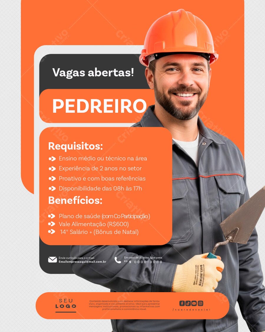 Post Instagram Vagas Pedreiro Construção PSD Editável