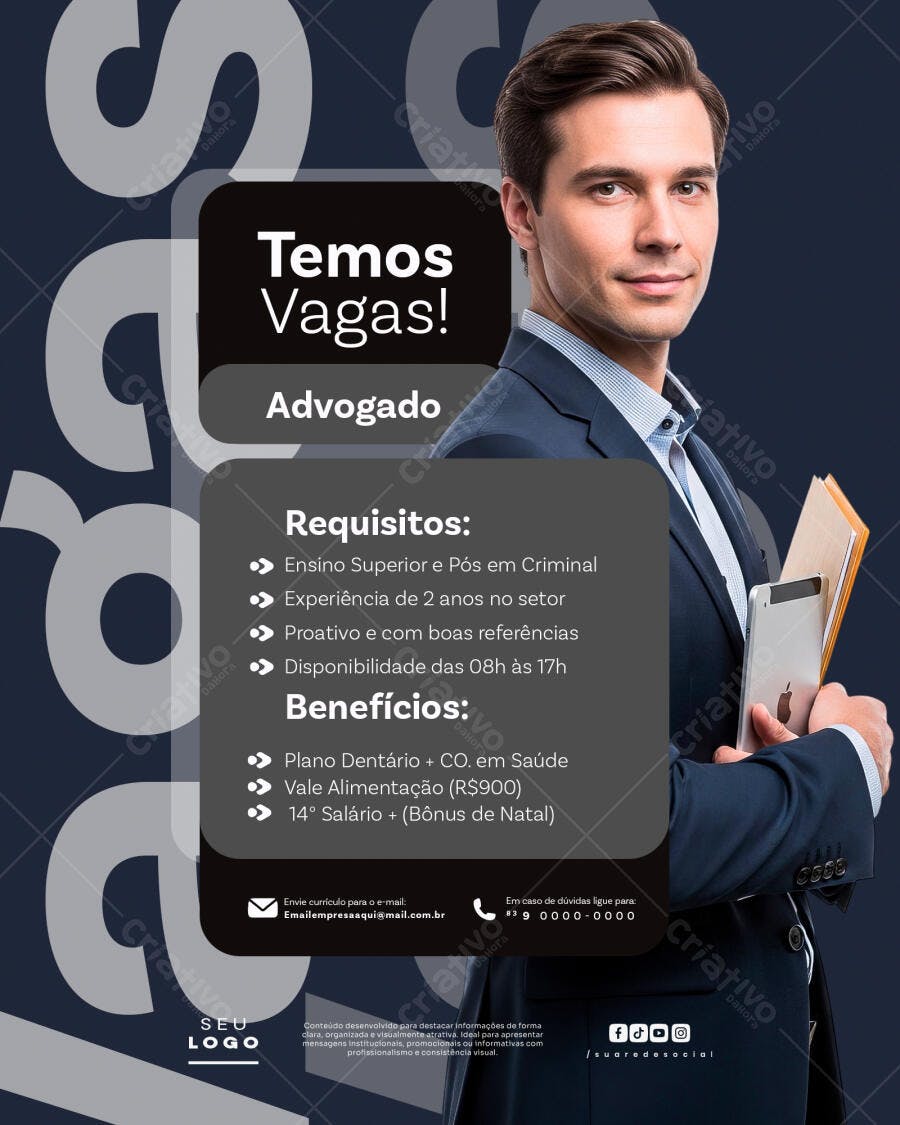 Post Vagas Advogado Escritório Advocacia PSD Editável