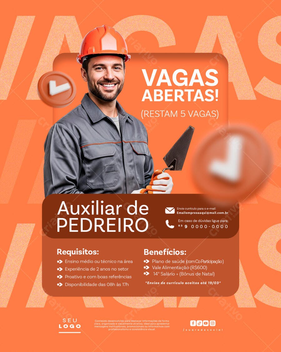 Post Instagram Vagas Abertas Auxiliar de Pedreiro PSD Editável