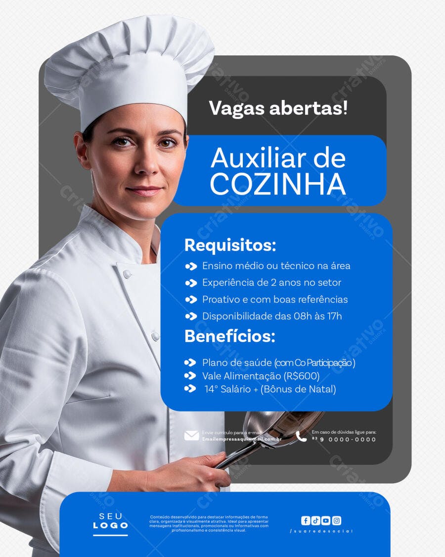 Flyer Vagas Abertas Auxiliar de Cozinha PSD Editável