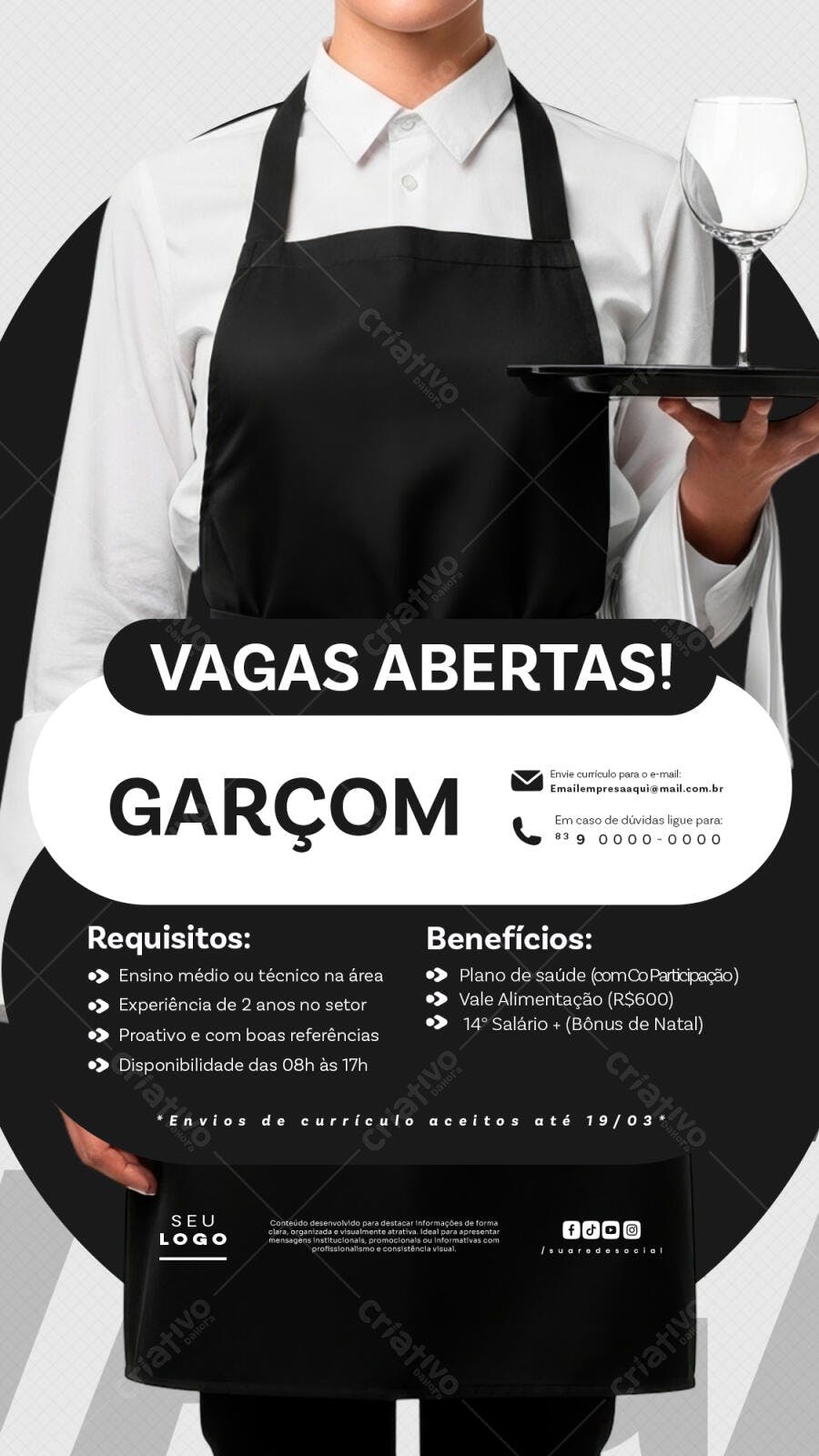 Story Vagas Abertas Garçom Restaurante PSD Editável