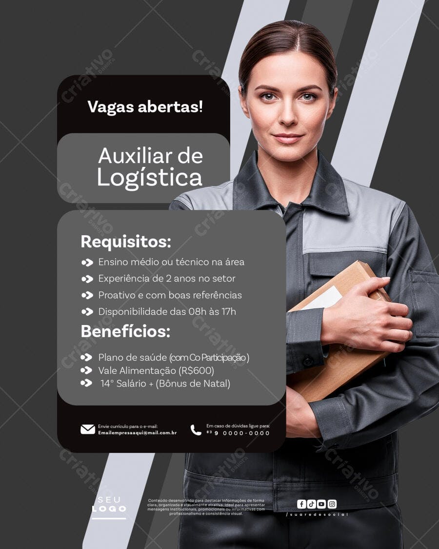Flyer Vagas Abertas Auxiliar de Logística PSD Editável