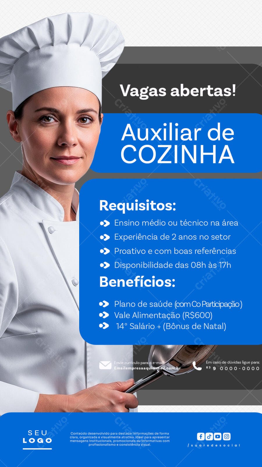 Post Instagram Vagas Auxiliar de Cozinha PSD Editável