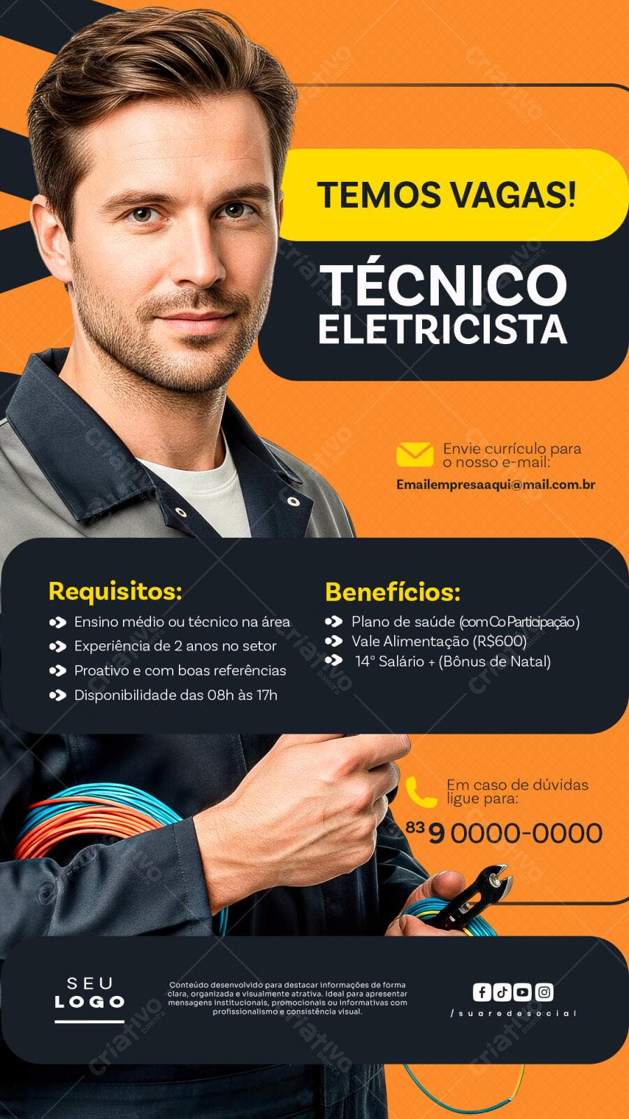Post Vagas Técnico Eletricista PSD Editável
