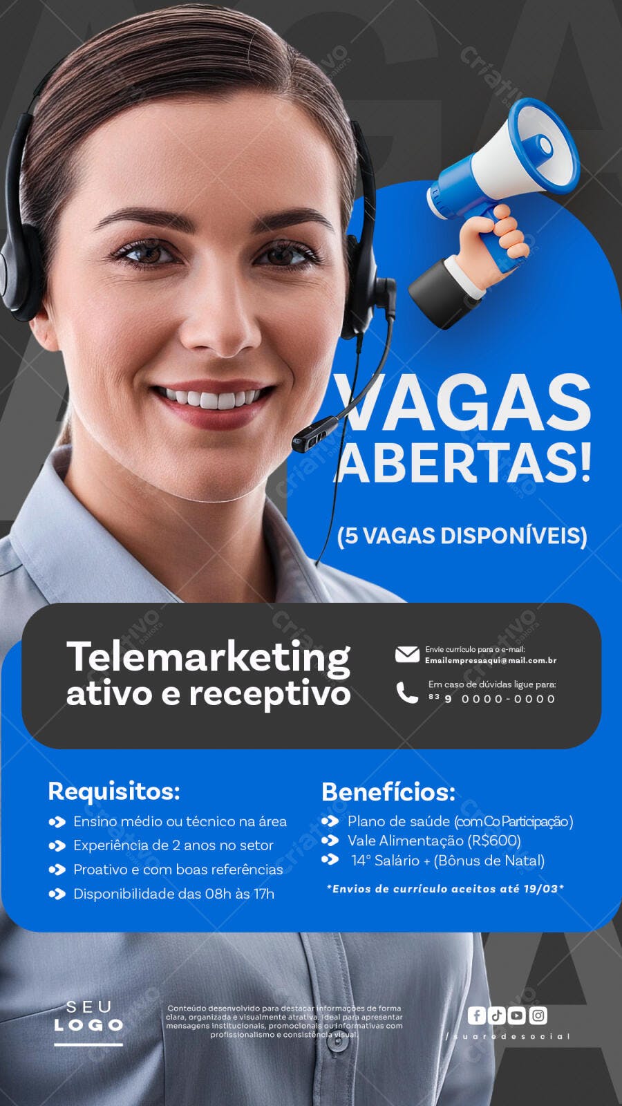 Post Instagram Vagas Abertas Telemarketing PSD Editável
