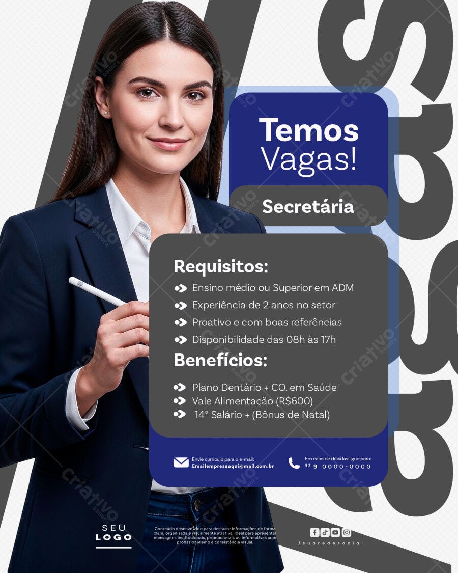 Post Instagram Temos Vagas Secretária PSD Editável