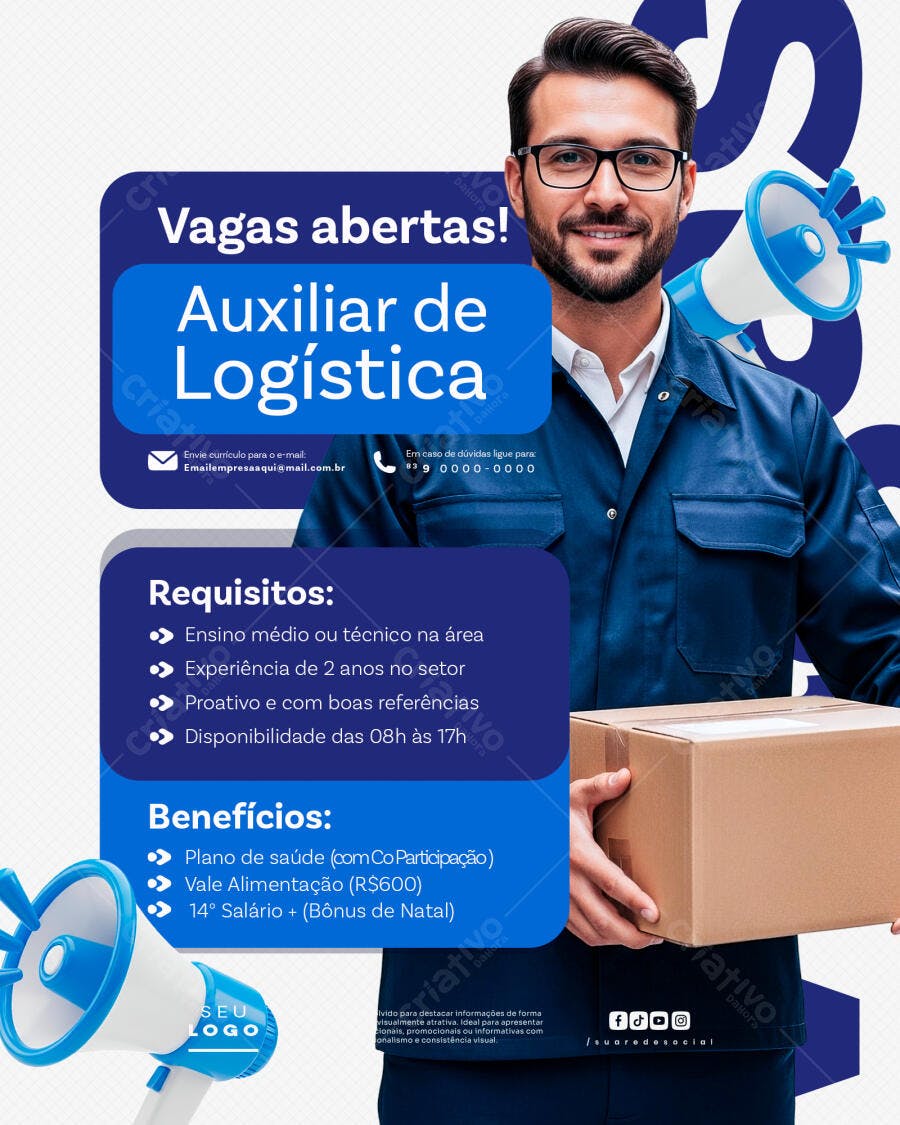 Flyer Vagas Abertas Auxiliar de Logística PSD Editável