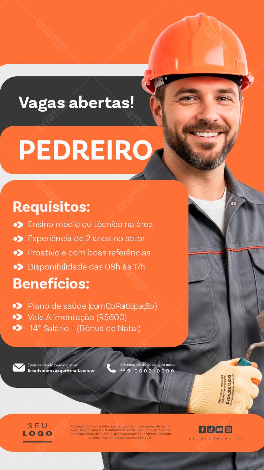 Post Instagram Vagas Abertas Pedreiro PSD Editável