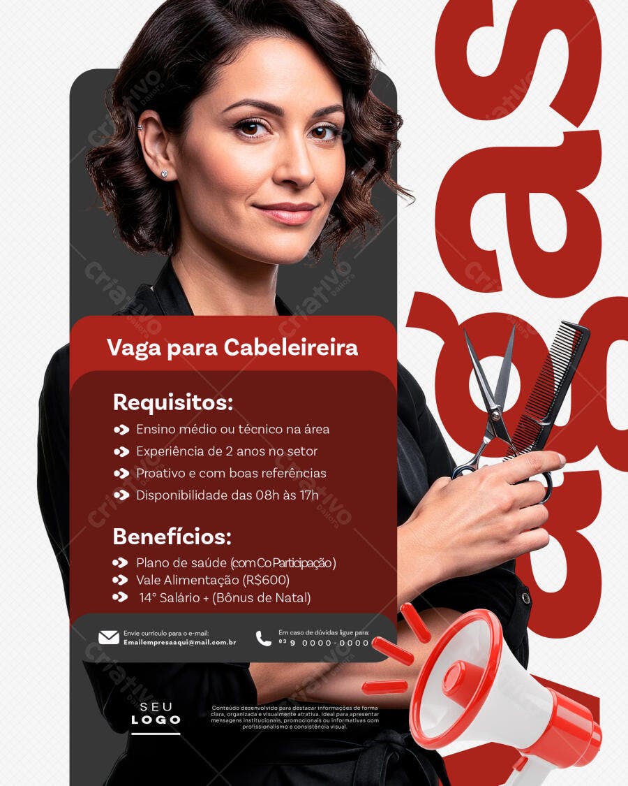 Post Instagram Vaga Cabeleireira Salão de Beleza PSD Editável