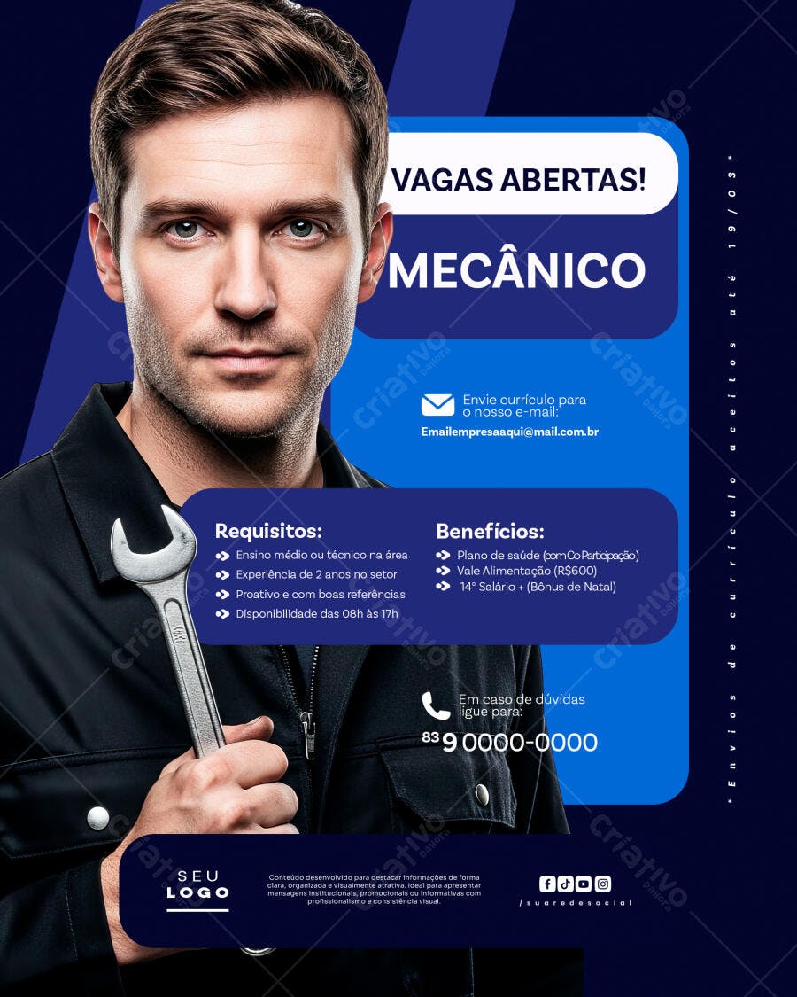 Flyer Vagas Abertas Mecânico Auto Center PSD Editável