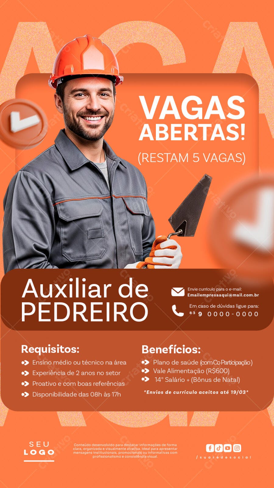 Post Instagram Vagas Abertas Auxiliar de Pedreiro PSD Editável