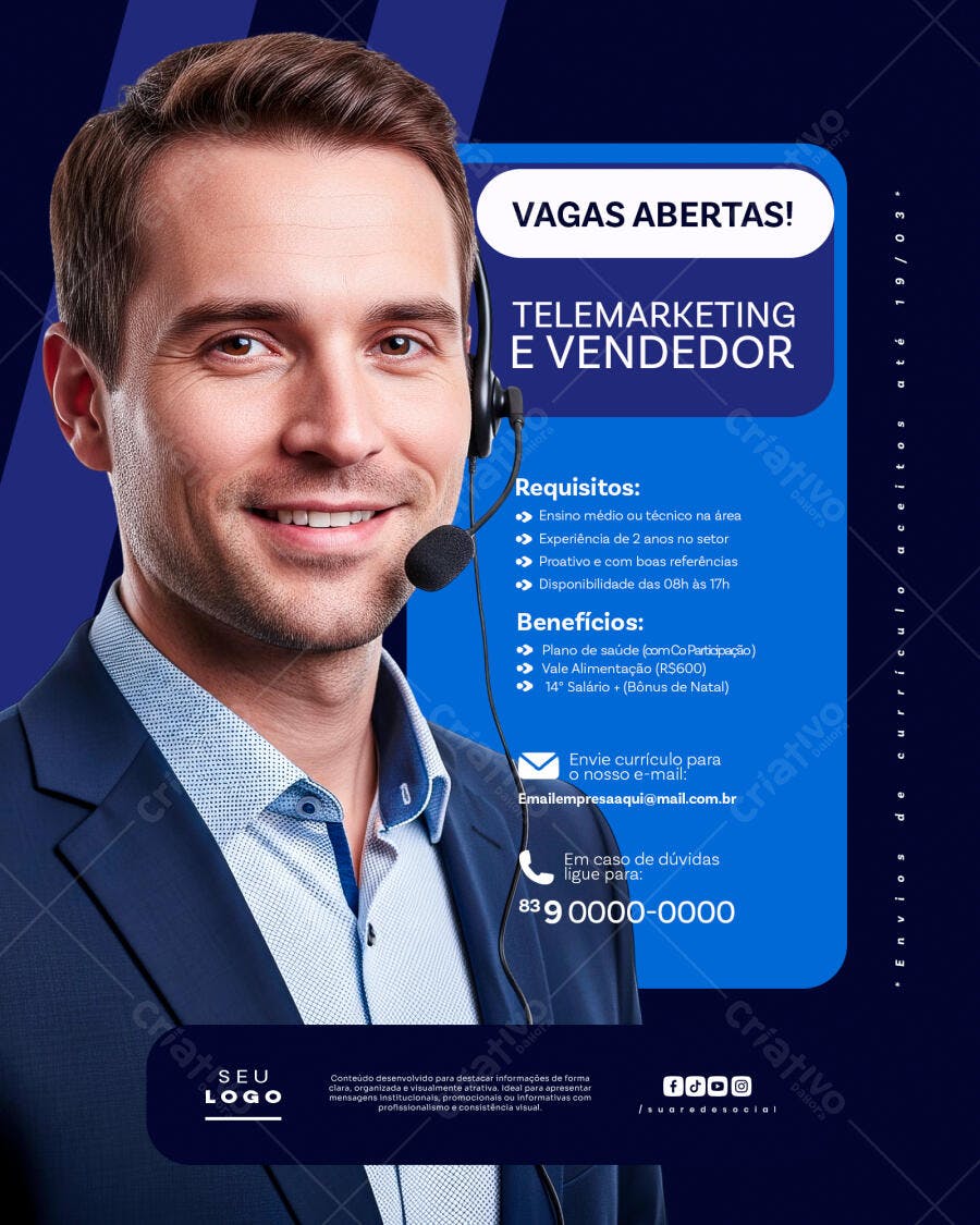 Flyer Vagas Abertas Telemarketing Vendedor PSD Editável
