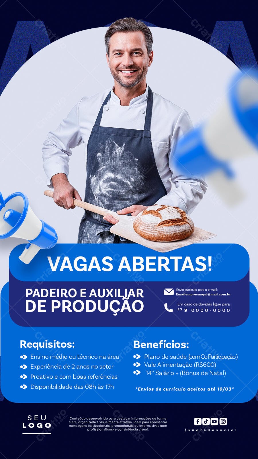 Flyer Vagas Padaria Padeiro Auxiliar Produção PSD Editável
