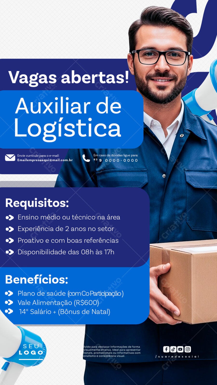 Post Vagas Abertas Auxiliar Logística PSD Editável